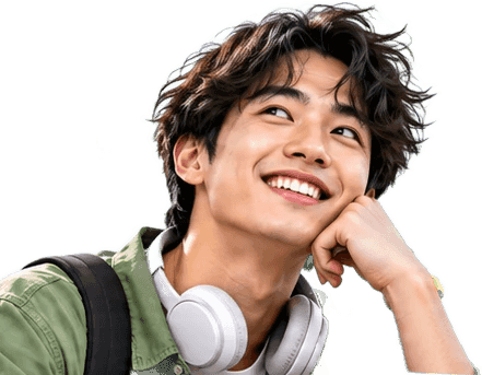 A young man smiling, resting his chin on his hand