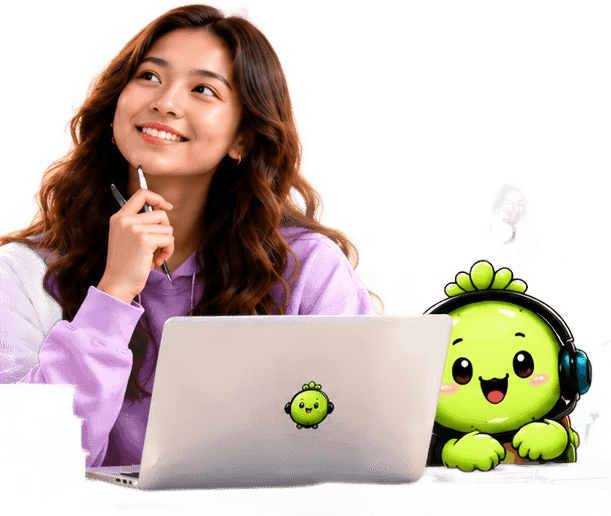 A student in a purple hoodie, thinking, at her laptop with the Kiwiply mascot beside her