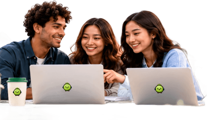 Three colleagues smiling at their laptops