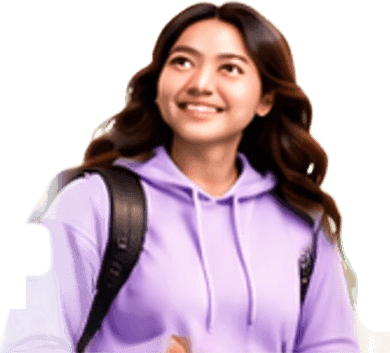 A student in a lilac hoodie with a backpack, looking up toward her next role